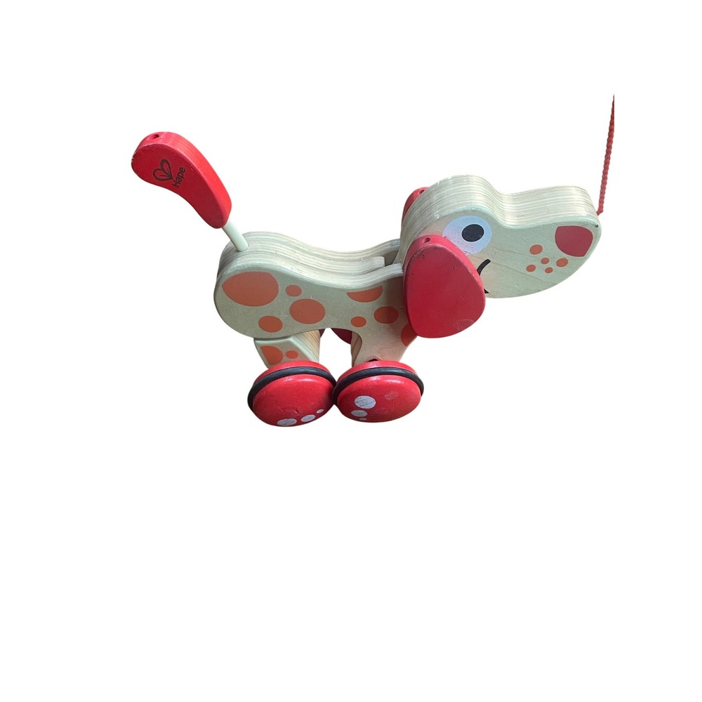 Hape Walk-A-Long Puppy Wooden Pull Toy Red Spotted Dog Toddler Toy E0347